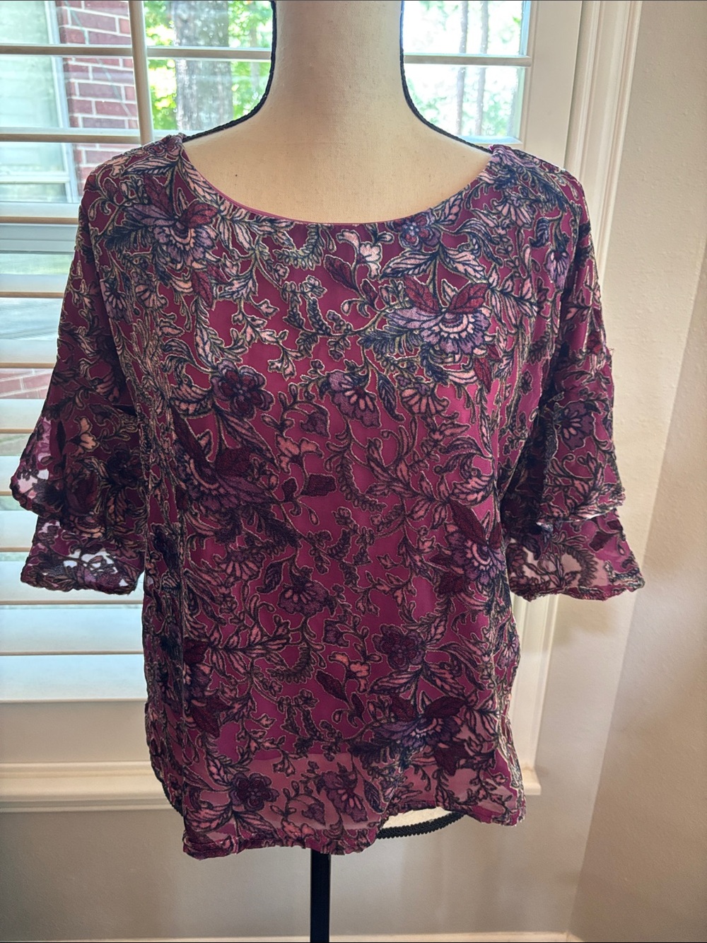 Lily White Burgundy Floral Lace Overlay Blouse - Small